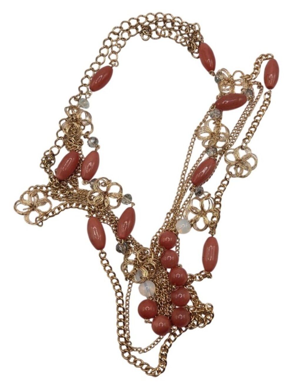 Gold-Tone Multi-Strand Necklace With Coral & Clear Colored Beads